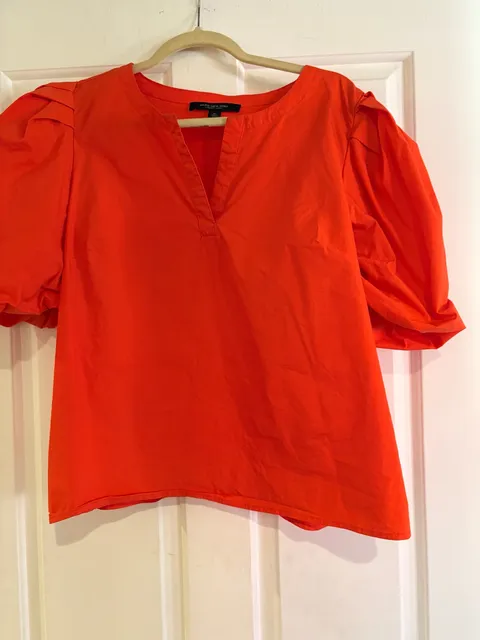 Marc New York Andrew Marc Blouse Size XL Orange Puff Sleeve V-Neck Top