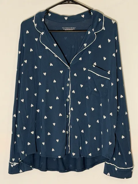 Victoria's Secret Modal Pajama Top Blue White Hearts Long Sleeve XL SHORT