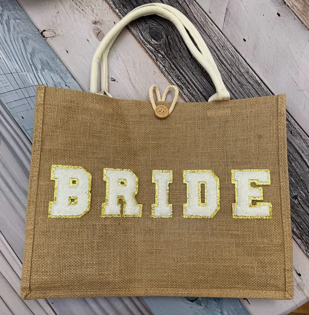Bride Burlap Tote Bag White Gold Chenille Letter Patch
