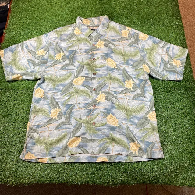 Tommy Bahama Silk Hawaiian Shirt Size L Blue Tropical Floral Print