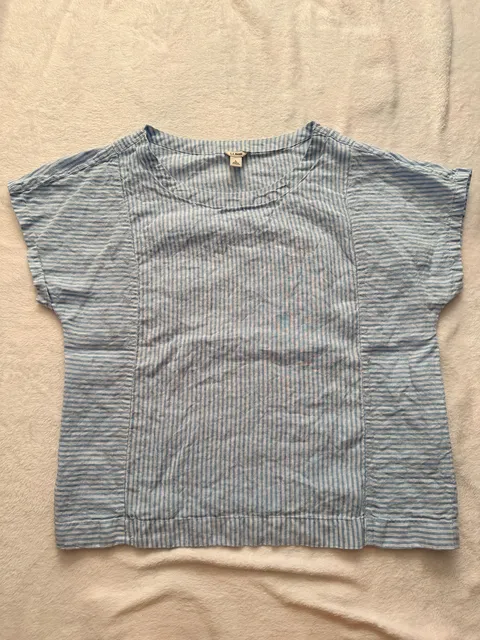 LL Bean Washable Linen Short Sleeve Top Size L Reg Striped