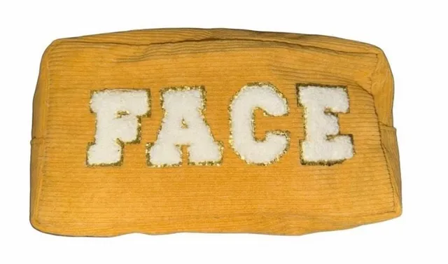 Face Corduroy Makeup Pouch Yellow Gold Letters