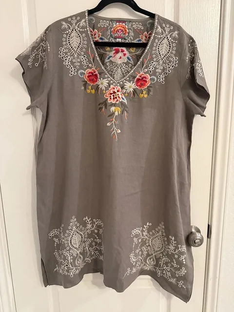 Johnny Was Embroidered Linen Tunic Dress Size L Gray Eyelet Boho Western