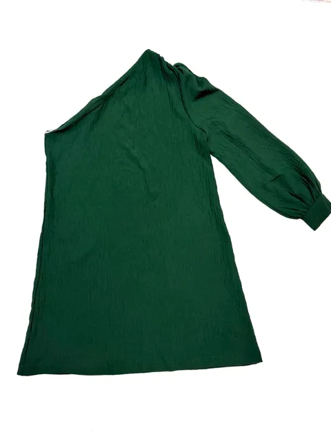 ODDI Women's Dress Size S Indie Vanguard Quiet Luxury Whimsigoth Old Money Minimalist Emerald Green One Shoulder Balloon Sleeve Mini Crinkle Texture 100% Polyester Cocktail Holiday Party