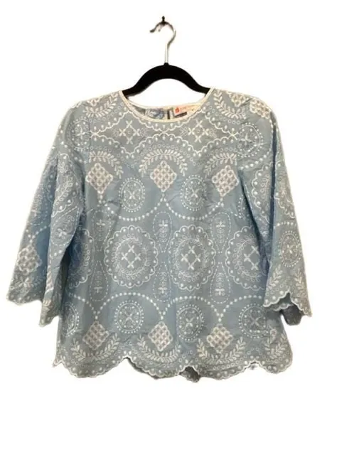 Jude Connally Blouse Blue White Eyelet Embroidered Top Sz XS
