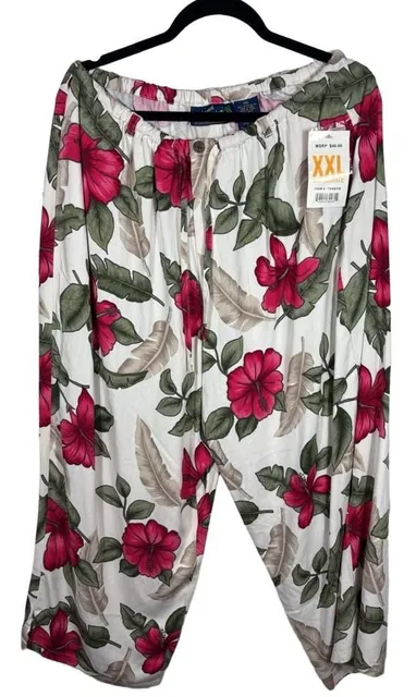 Island Traders Floral Beach Pants XXL White Rayon Tropical