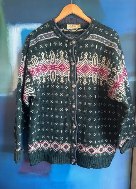 Vintage LL Bean Nordic Fair Isle Cardigan Size Large Green Wool