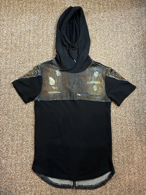 Copper Rivet Short Sleeve Hoodie Size S Black Denim Patchwork