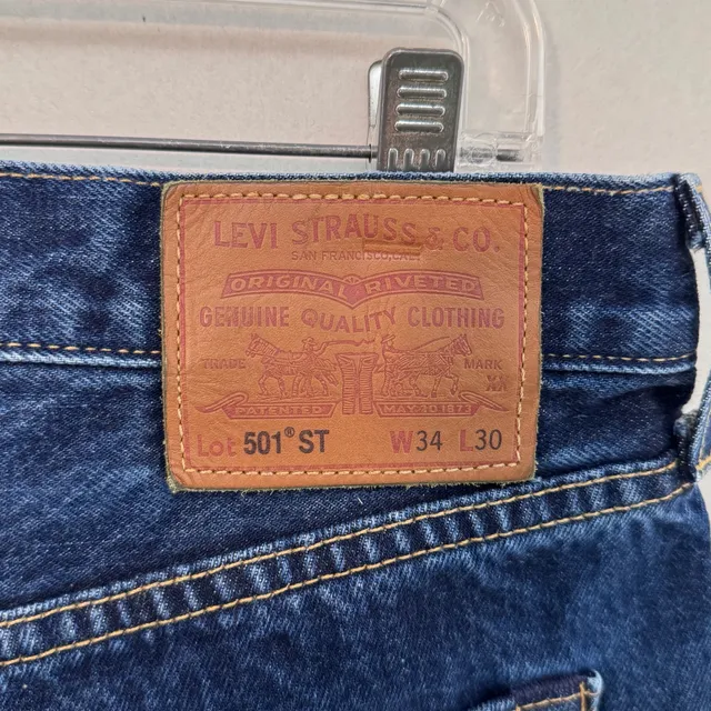 Modern Big E Selvedge Levis 501 ST Straight Leg 34x30 Dark Wash Denim Button Fly