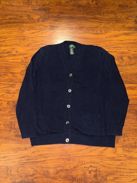 Lauren Ralph Lauren Cardigan Size L Navy Blue Cotton V-Neck Sweater