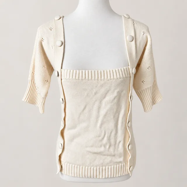Lela Rose Cream Knit Short Sleeve Button Front Eyelet Convertible Sweater Top S