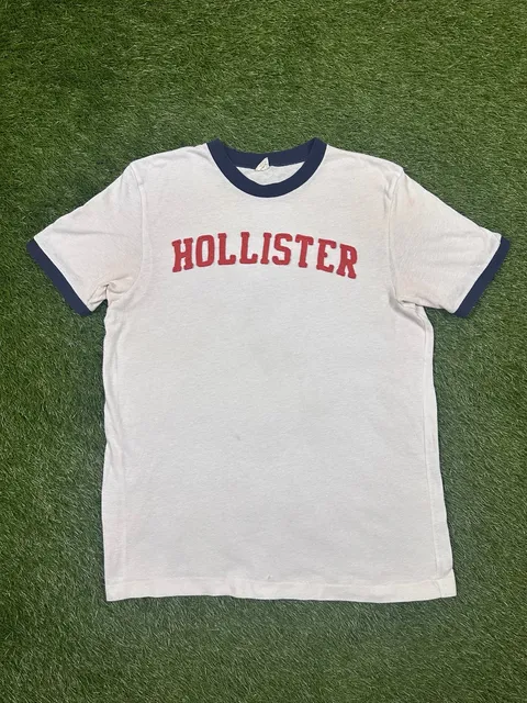 Hollister T-Shirt Size XL Vintage White Blue Ringer Red Spellout Logo Top