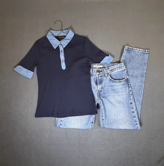Truth NYC Navy Ribbed Polo Top M Chambray Collar Gold Buttons Y2K