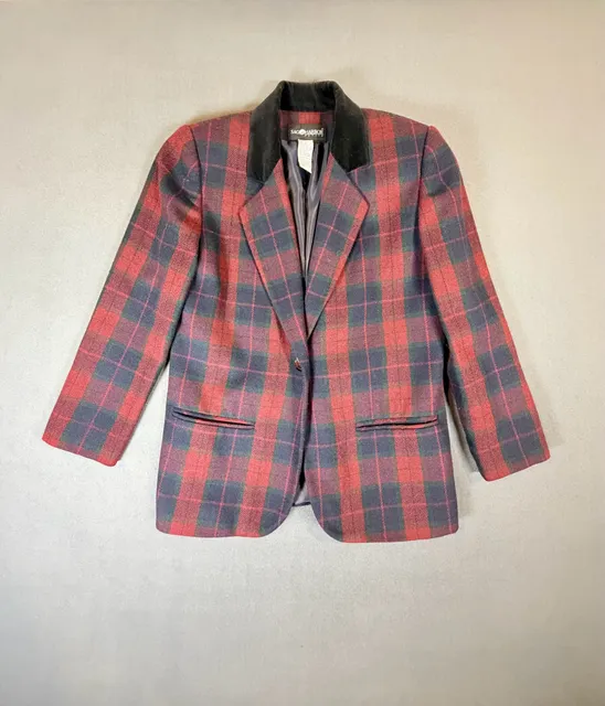 Vintage Sag Harbor Petite Plaid Wool Blazer Size 4 Velvet Collar Academia
