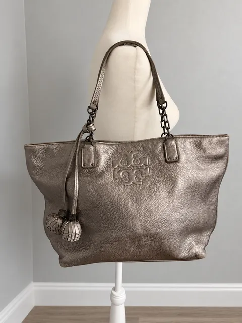 Tory Burch Metallic Leather Tote Bag with Tassels Gunmetal