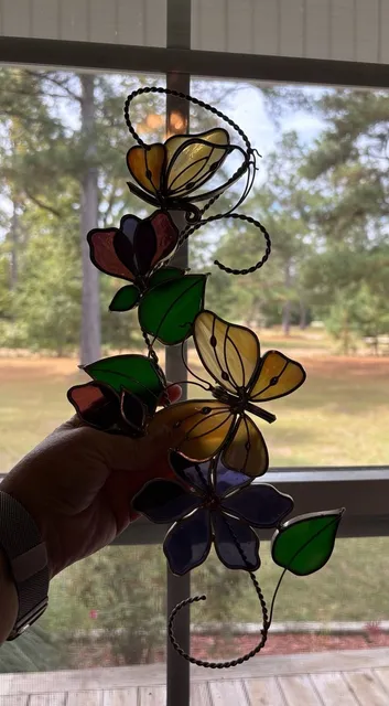 Flawed Stained Glass Floral Butterfly Suncatcher Hanging Panel Art
