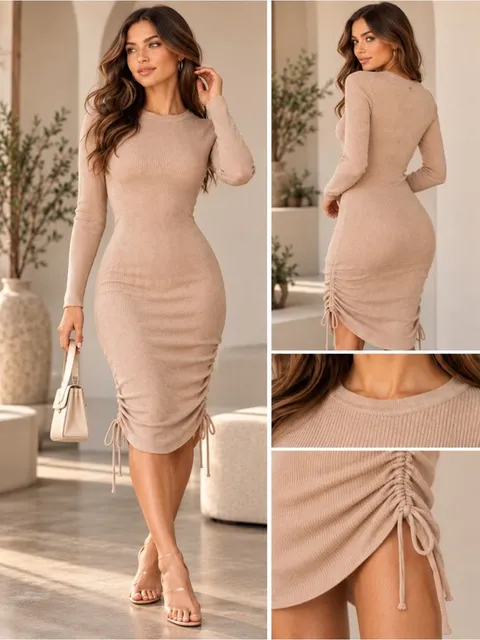 ACOA Beige Ribbed Midi Dress Women’s L Ruched Side Drawstring Bodycon
