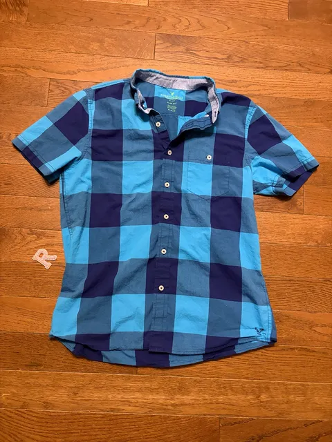 American Eagle Outfitters Slim Fit Plaid Short Sleeve Shirt Size M Blue