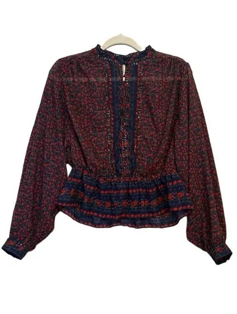 Cottagecore Beaded Sheer Blouse Size P Red Blue Floral