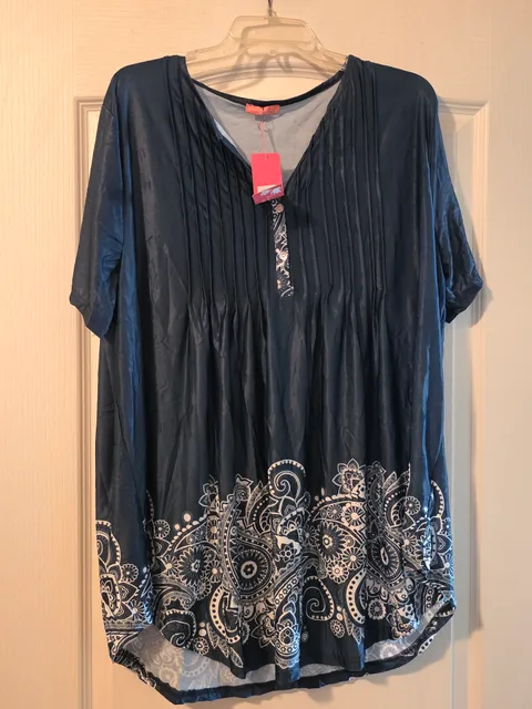 NWT Simply Aster By Firmiana Top Size 3X Blue Paisley Pleated Tunic Blouse