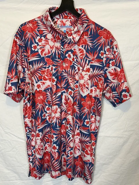 Chubbies Performance Polo Size M Red Blue Floral Hawaiian Golf Shirt