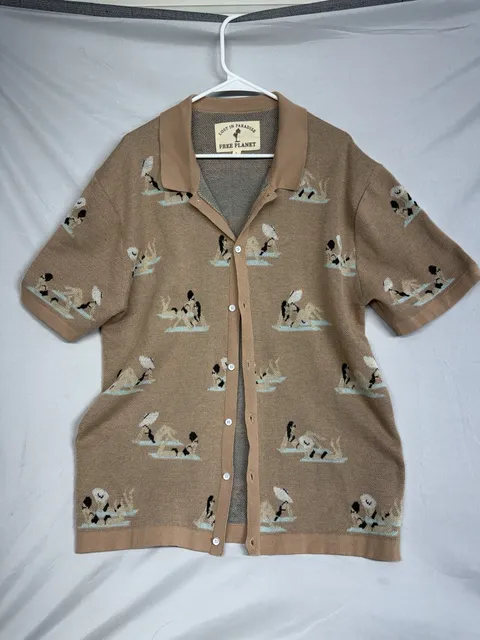 Free Planet Lost In Paradise Knit Polo Shirt Size XL Tan Graphic Graphic