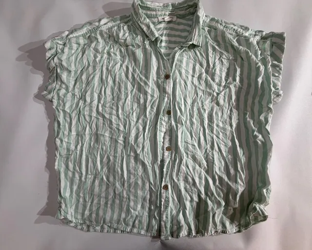 Beach Lunch Lounge Green Striped Button Up Top Size L