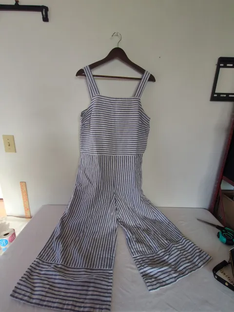 Beachlunchlounge Collection Jumpsuit Size L Blue Striped Linen Blend