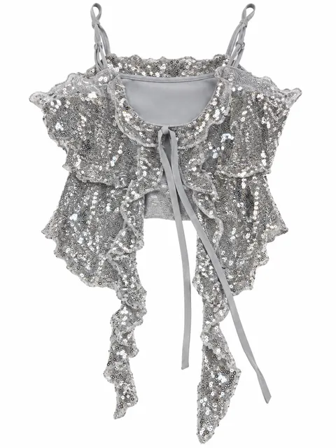 No Boundaries Sequin Tie Front Crop Top Size XS 0-2 Silver