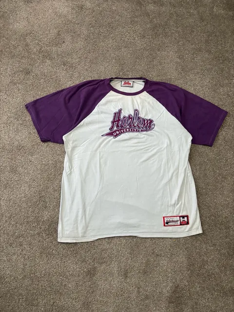 Early 2000s Harlem University T-Shirt Size 2XL White Purple Raglan