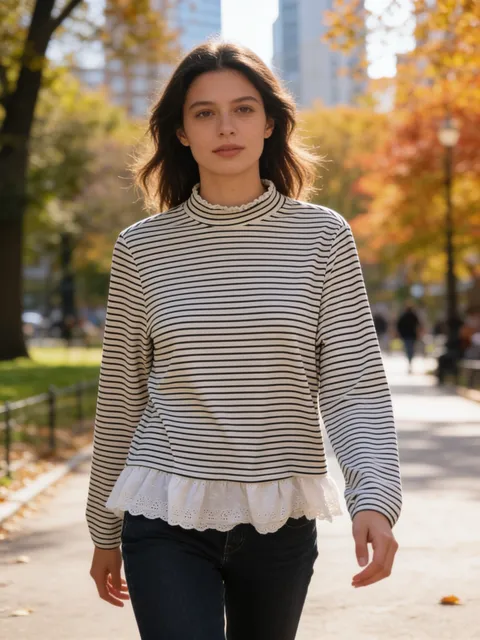 Friful Black White Striped Long Sleeve Top Size L Ruffled Hem