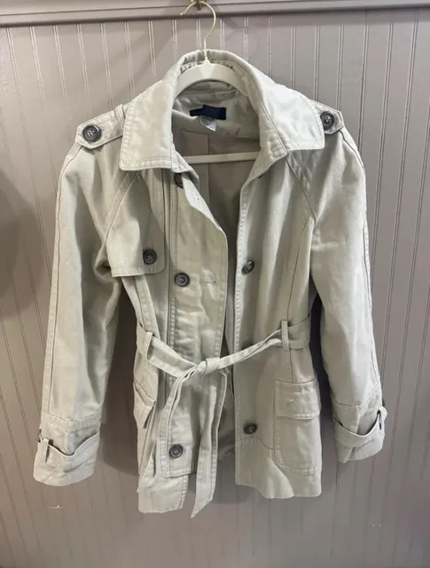 Via Trench Coat Size 10 Beige Cotton Short Belted Jacket