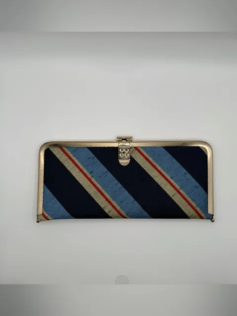 Vintage Striped Silk Kisslock Clutch Wallet Blue Red Silver Tone Frame