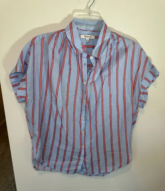 100% Cotton Madewell Short Sleeve Button Up Shirt Size S Blue Red Striped