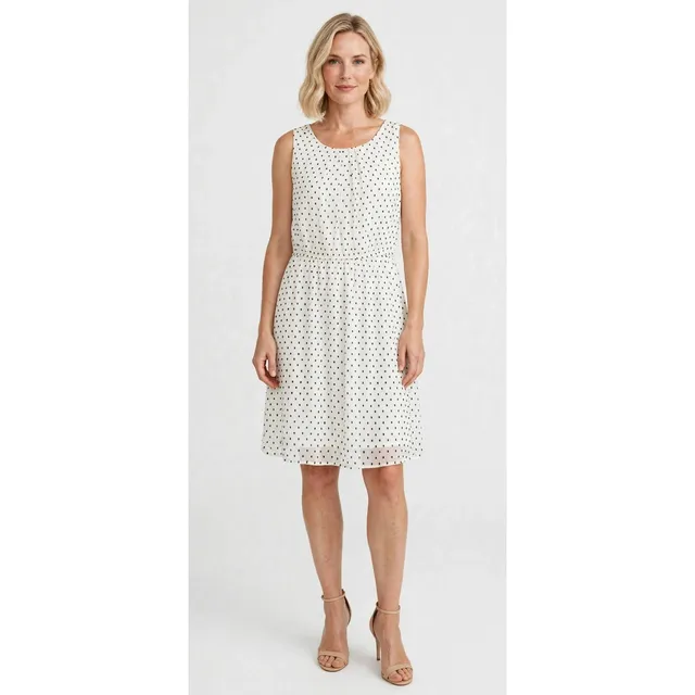 Elle White and Black Clip Dot A-Line Sleeveless Dress