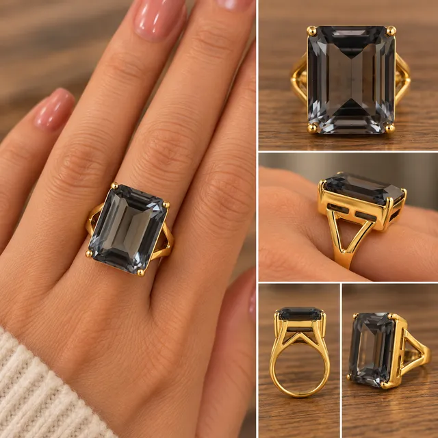Gold-Plated Emerald Cut Smoky Quartz Ring Size 7.5