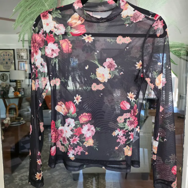 Shein Floral Mesh Mock Neck Top