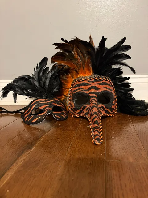 Masquerade Feather couples Mask Set Orange Black Tiger Print Costume