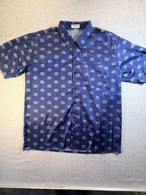 Thai Silk By Apple Short Sleeve Shirt Size XXL Blue Elephant Print