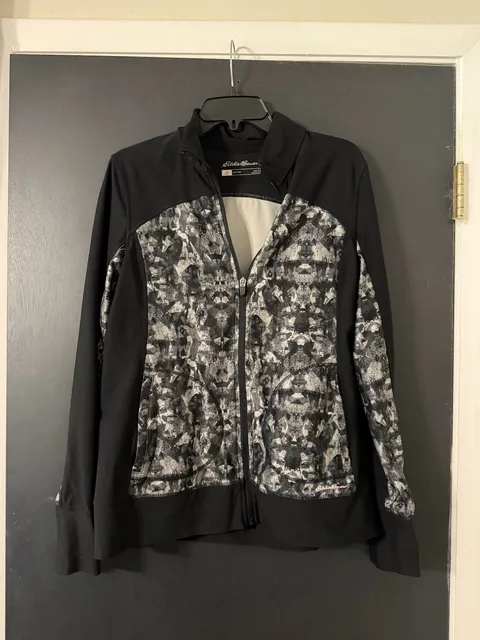 Eddie Bauer Motion Full Zip Sweater Women Size XL Black Geometric Print Pockets