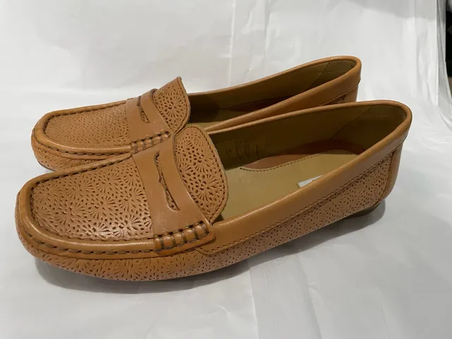 Womens Geox Perforated Leather Penny Loafers Tan Brown EU 37.5/US 7-7.5