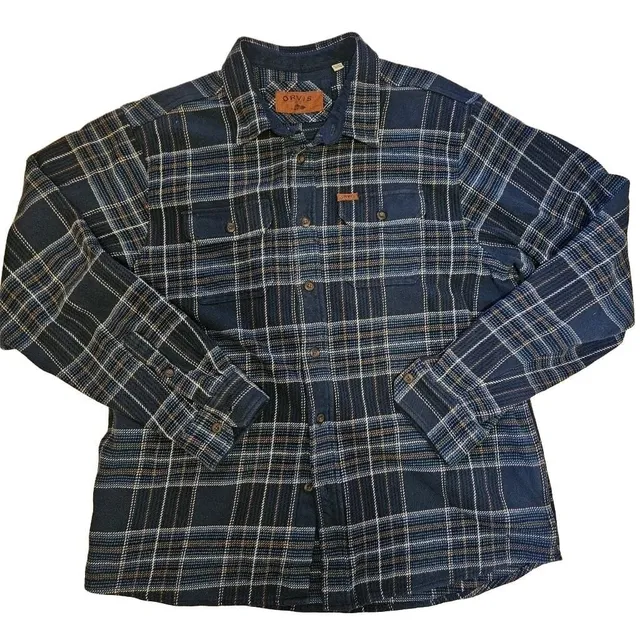 Orvis Classic Collection Mens XL Flannel Shirt Blue Plaid Heavyweight Cotton