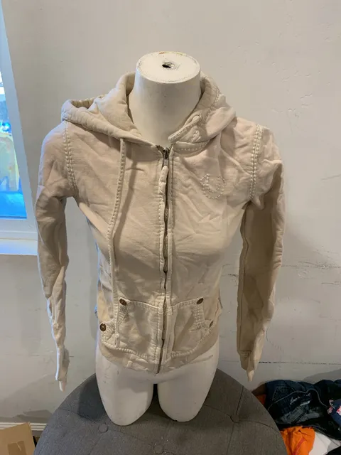 Y2k True Religion Zip Up Hoodie Cream Beige Heavy Stitch