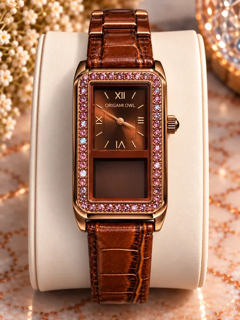 Origami Owl Chocolate Crystal Rectangle Watch with Leather Strap