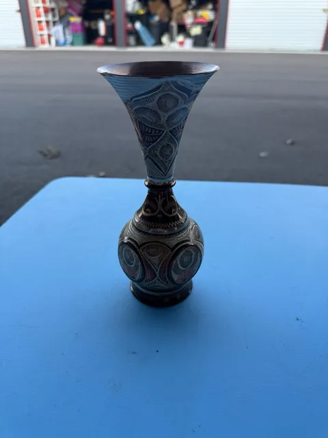 Vintage Hand-Etched Brass Vase Mini Decorative Floral Pattern