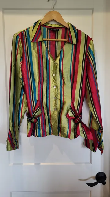 Vintage Bonnie Howard Striped Satin Button Down Blouse with Side Buckle Detail Size 14