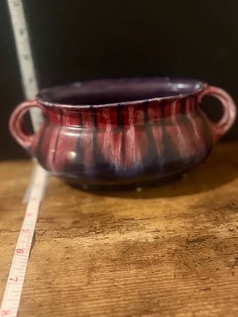 Czeck Ceramic Double Handled Bowl Red Blue Drip Glaze