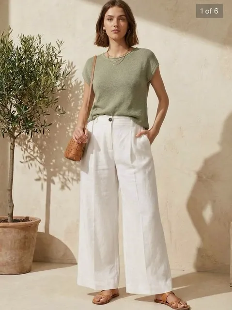 H&M Linen Blend Pants White Wide Leg Pleated Trousers Size 2 