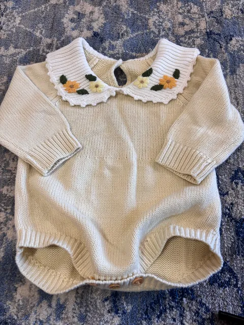 Baby Floral Embroidered Knit Bubble Romper Yellow