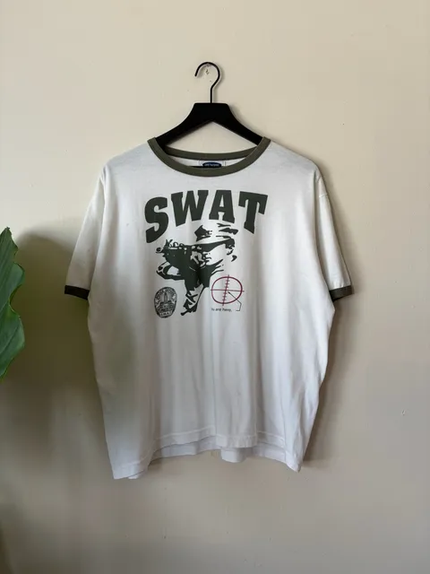 SWAT Graphic Ringer T-Shirt Size L White Green